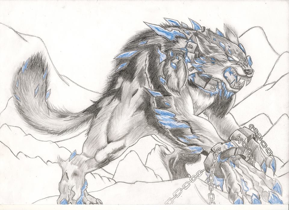 Desenho de um fenrir, ele é um lobo gigante da mitologia nórdica
