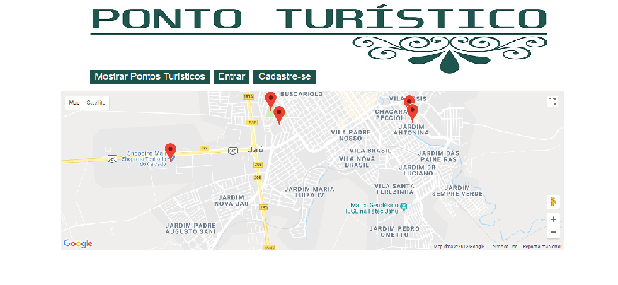Imagem da página inicial do aplicativo Pontos Turístiicos, que traça a rota da rodoviária até um ponto turístico