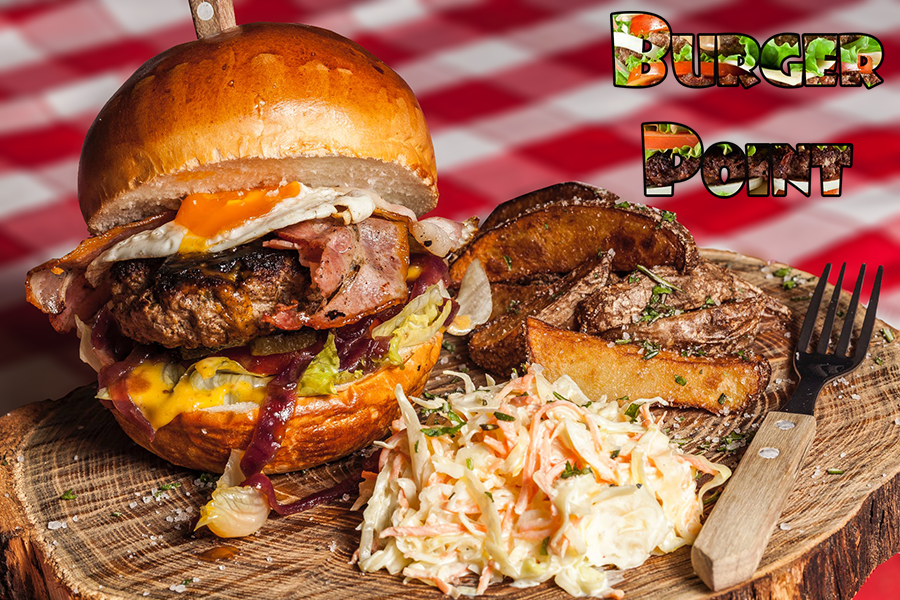 Imagem de um hambúrguer anunciando uma hamburgueria chamada Burguer Point.