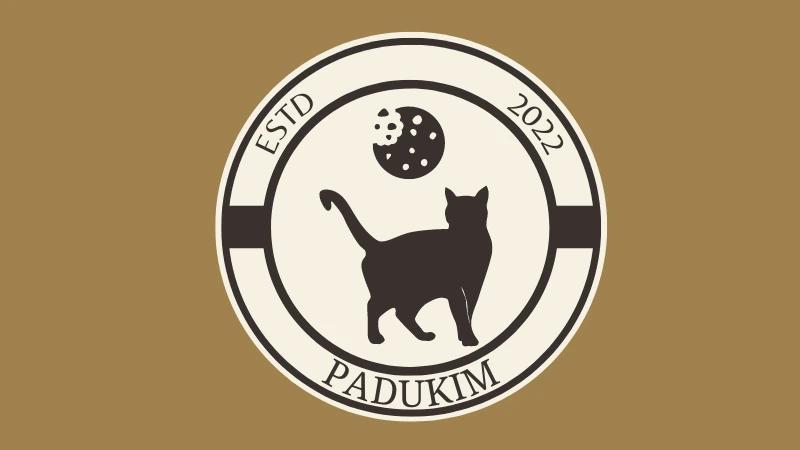 Logo da padaria Padukim, silhueta de um gato e biscoito