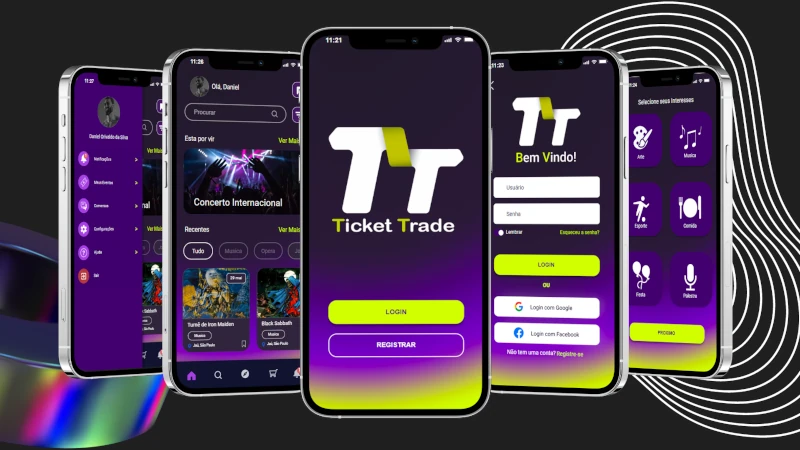 Protótipo do aplicativo ticket trade, diferentes telas mostrando as funcionalidades